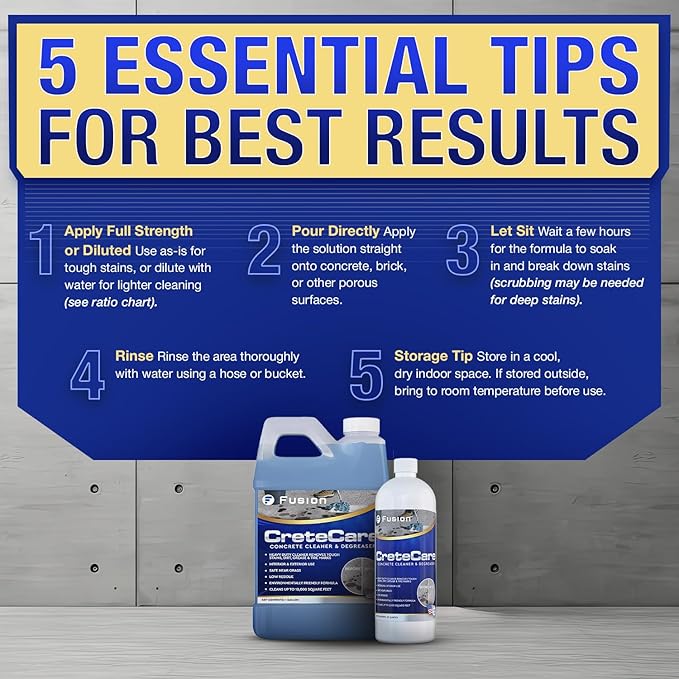 Fusion CreteCare: The Ultimate Concrete Cleaner and Driveway Oil Stain Remover for Garage Floors - Oil and Grease Remover, Super Clean Degreaser, and Outdoor Concrete Stain Solution (128 Fl Oz)