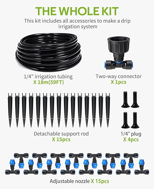 HIRALIY 59FT Greenhouse Misting Drip Irrigation Kit, Hanging Plant Watering, Garden Watering System with 1/4" Blank Tubing and Misting Nozzles, Quick Connector Design Automatic Irrigation System