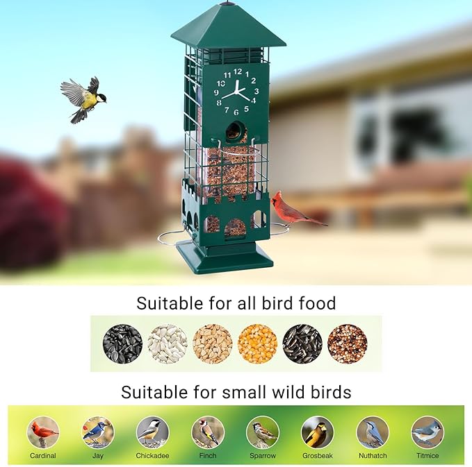 Squirrel Proof Bird Feeders Metal Mesh Anti Squirrel Wild Bird Feeder for Outdoors Hanging Weight Activated Waterproof for Finch Cardinal and Chickadee Easy to Fill, Decor Backyard (Green)
