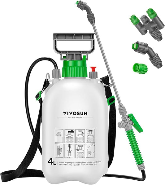 VIVOSUN 1 Gal/4L Pump Sprayer, Garden Water Sprayer for Plants, Weeds & Lawn Care, with 3 Nozzles, 50'' Long Hose & Pressure Relief Valve