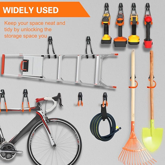 Heavy Duty Garage Hooks 4 Pack, J Shaped Hanger, Wall Mounted Storage System, Power and Garden Tool Organizer, for Hanging Ladders, Bikes Tires, Hose, Bulk Items