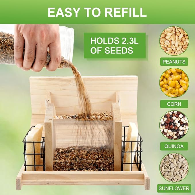 Wooden Bird Feeder for Outdoors Hanging Mount Large Capacity, Pine Garden Roof Feeder with 2 Suet Cages, Cardinal Bluebird Birdfeeder for Garden Decoration Yard, Weatherproof Durable