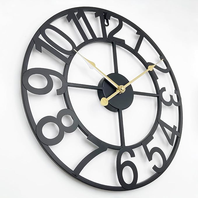 Indoor Outdoor Large Patio Decorative Wall Clock Silent Non Ticking Battery Operated, 16 Inch Modern Black Metal Wall Clock for Pool Area, Living Room, Farmhouse, Kitchen