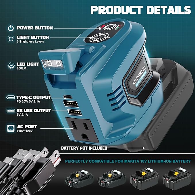 200W Power Inverter Compatible with Makita, DC 18V to AC 110-120V Battery Inverter, Portable Power Station Generator, Charger Adapter Battery Powered Outlet with 2 USB Ports & 1 Type-C & 1 AC Outlet