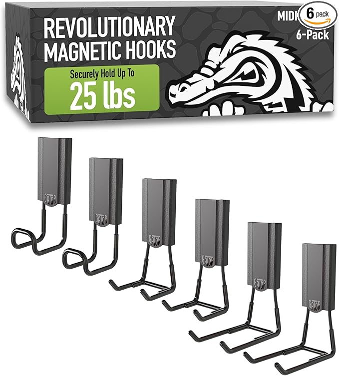 GATOR MAGNETICS MIDI 2.5 & 4" Open Hooks, 25 lb Heavy Duty Magnetic Hooks for Steel Surfaces, Patented Easy-Release, Non-Slip Grip – Storage & Organization, Garage, Shed, Home, Cleaning Tools -6 Pack