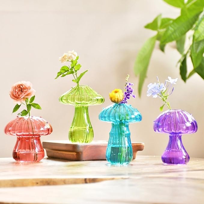 Nacome Mushroom Glass Propagation Station for Plants: Set of 4 Colored Vases Terrarium Kit for Home Office Indoor Hydroponics Decor - Birthday Gifts for Women Mom Grandma