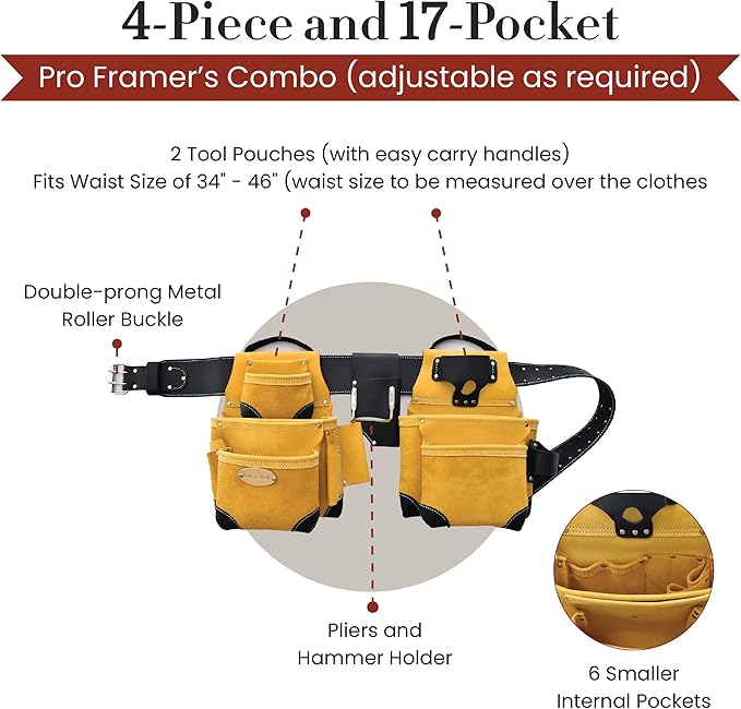 Style n Craft 4-Piece and 17-Pocket Pro Framer’s Combo, Tool Belt with 2 Tool Pouches and 1 Pliers and Hammer Holder, Full-Grain Leather Tool Belt Combo, Yellow with Black Leather Corners (93414)