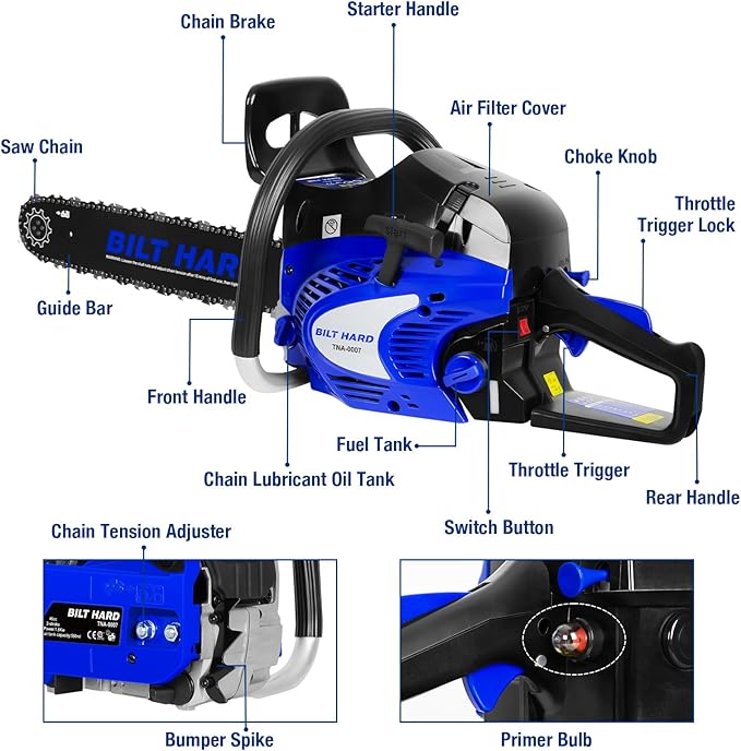 BILT HARD 18 Inch Gas Chainsaw, 46cc 2.4 HP Gas Power Chain Saw with Automatic Oiler, 2-Cycle Engine, Petrol Handheld Gasoline Chainsaws for Wood Cutting
