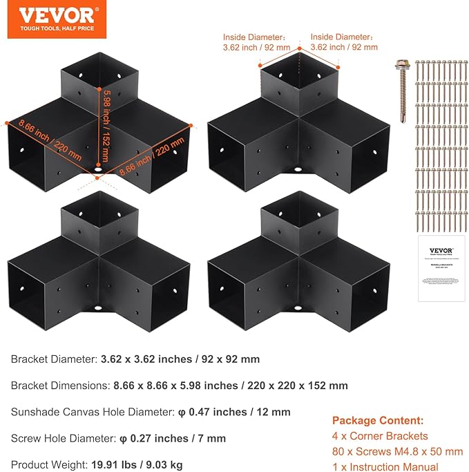 VEVOR Pergola Bracket Kit 4''x4''(Inner Size 3.6x3.6), 4pcs 3-Way Heavy Duty Corner Bracket Woodworks DIY Post Base Kit, Easy Installation Wooden Beams for Gazebos, Patio Pergolas, Log Cabin Outdoor