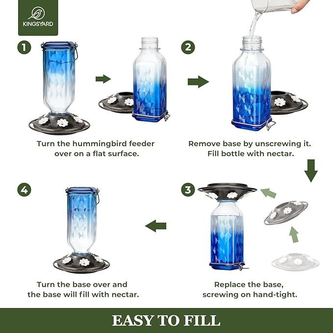 Kingsyard 2 Pack Glass Hummingbird Feeder for Outdoor Hanging, 24 Ounces, 6 Feeding Ports, Bird Nectar Feeder for Garden Décor, Ant Moat Included, Blue