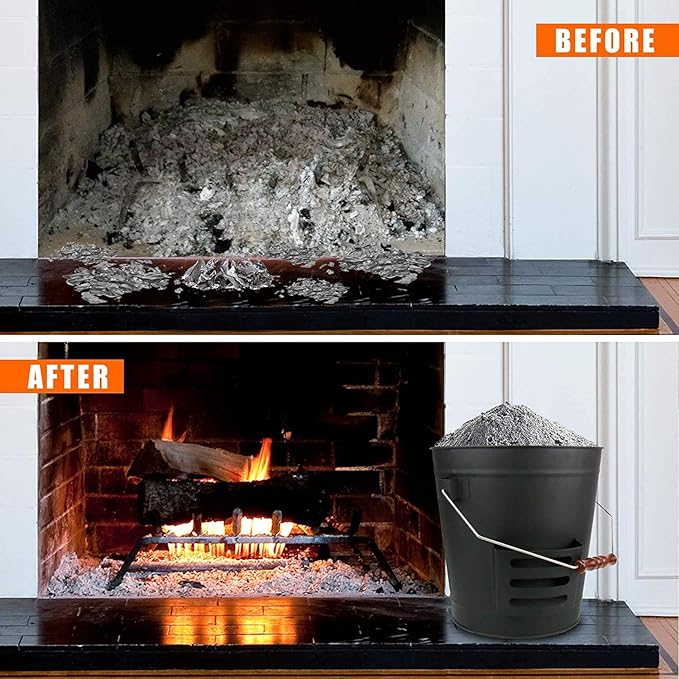Uniflasy Ash Bucket with Lid, Shovel and Hand Broom, 5.2 Gallon Metal Coal Ash Bucket for Fireplace, Fire Pits, Wood Burning Stove, Ash Can with Lid fireplace Wood Stove Ash Fireplace Cleaning Tools