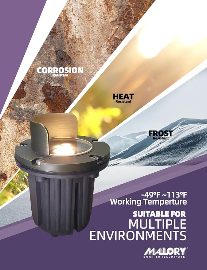 MALORY Brass Top Cover Landscape Well Lights,(6‘’H 12V Low Voltage Outdoor In Ground Lights, Anti-Glare Landscape Lighting with 5W 450LM MR16 for Pathway, Driveway (Shield Top, 10-Pack with Bulb)