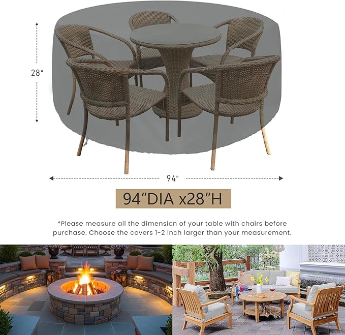 SheeChung Patio Furniture Cover Waterproof,Round 94" Dia x 28" H Outdoor Furniture Covers,Heavy Duty 600D Outdoor Table Chair Set Covers,UV Resistant Cover for Outdoor Dining Set