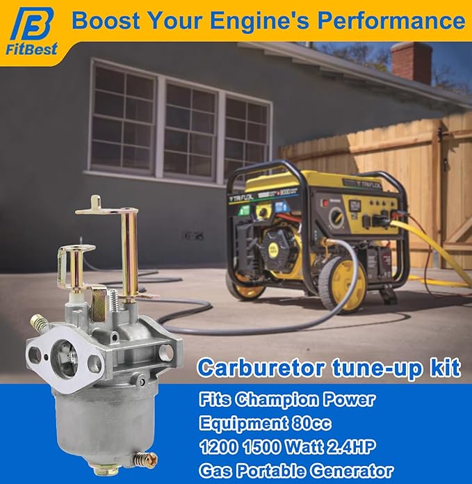 FitBest Carburetor Tune-up kit Replacement for Champion 80cc 1200/1500W Generators – Models 42436, 42432, 62422, 200915 – Includes Gaskets, Fuel Line & Filter