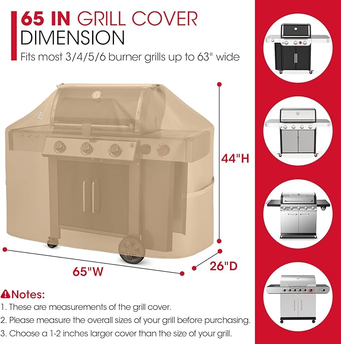 Unicook 65 Inch Grill Cover for Outdoor Grill, Heavy Duty Waterproof BBQ Covers, Compatible with Weber Char-Broil Nexgrill Kenmore 3-6 Burner Gas Grills up to 63”, All Weather Protection, Light Brown