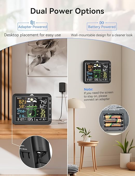 10-in-1 Wireless Weather Station with Outdoor Wireless Sensor,Radio Controlled Clock,Rain Gauge,Wind Speed/Direction,Moon Phase, Barometer,Temperature/Humidity,Weather Forecast (NO WiFi)