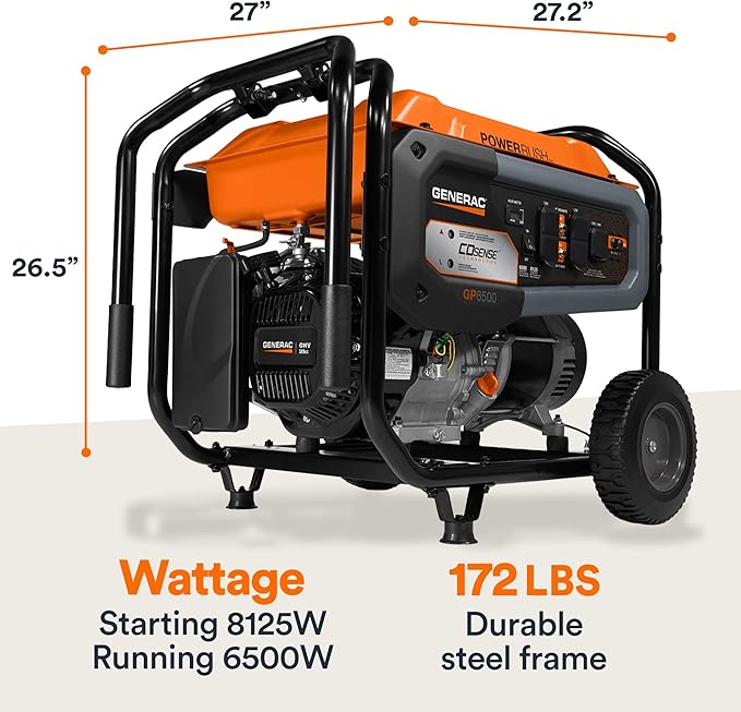 Generac 8,125/6,500-Watt Portable Gas Generator - Electric Start - Includes Extension Cord - Home or RV Ready - Quiet, Long Runtime, Emergency Power - 49-State Compliant