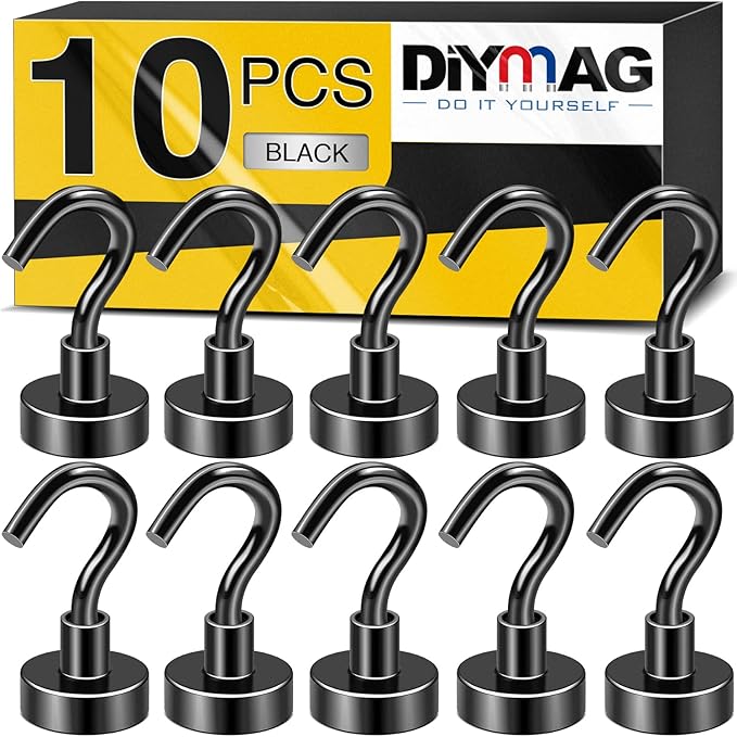 DIYMAG Magnetic Hooks for Hanging Cubicle Accessories, 30lbs 2025 Cruise Cabin Ship Essentials N52 Magnetic Hook Heavy Duty Strong Magnets Fridge for Classroom Beach Kitchen Grills 10 Pack Black