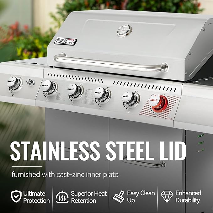Royal Gourmet 5-Burner Propane Gas Grill with Side Burner, Stainless Steel Barbeque Grills, Silver, GA5404S
