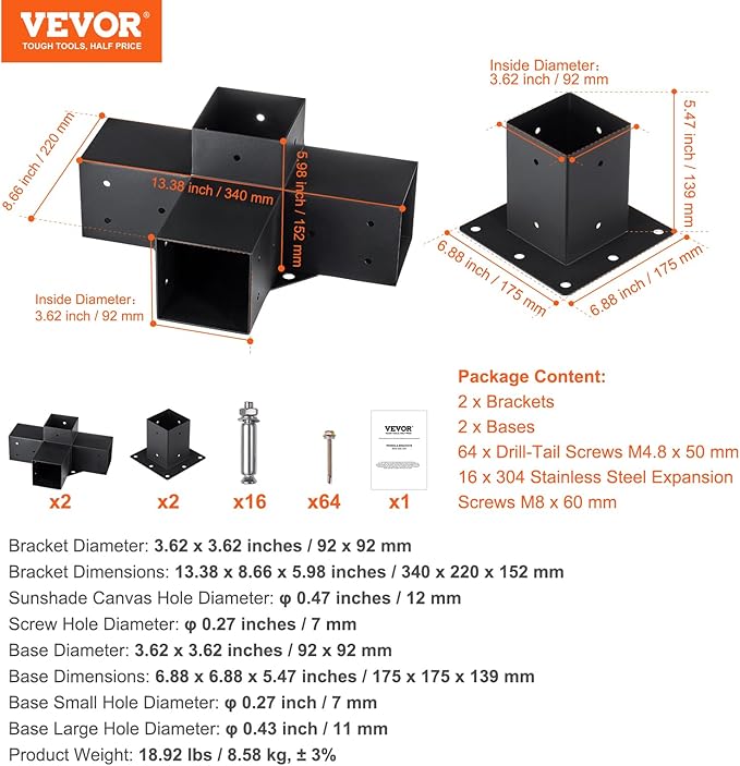 VEVOR Pergola Bracket Kit, 4x4 Inch (Inner Size 3.5x3.5), 2 Pcs 4-Way Heavy Duty Corner Bracket Woodworks DIY Post Base Kit, Easy Installation Wooden Beams for Gazebos, Patio Pergolas, Log Cabin