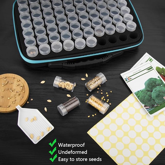 140 Slots Seed Organizer Storage Box with 20PCS Seed Envelopes, Premium Seed Containers for Various Sizes Vegetable and Flower Garden Seeds, Gardening Seed Keeper Set with Useful Accessories (Blue)