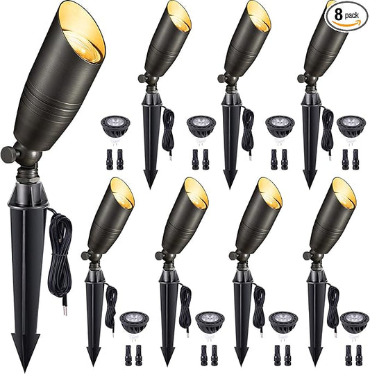 Spot Light Brass - Outdoor Landscape Spotlights LED, 12V Low Voltage Landscaping Uplights, Hard-Wired All Weather Bronze for Backyard Lawn with Day Light Changeable Bulbs (8 Pack)