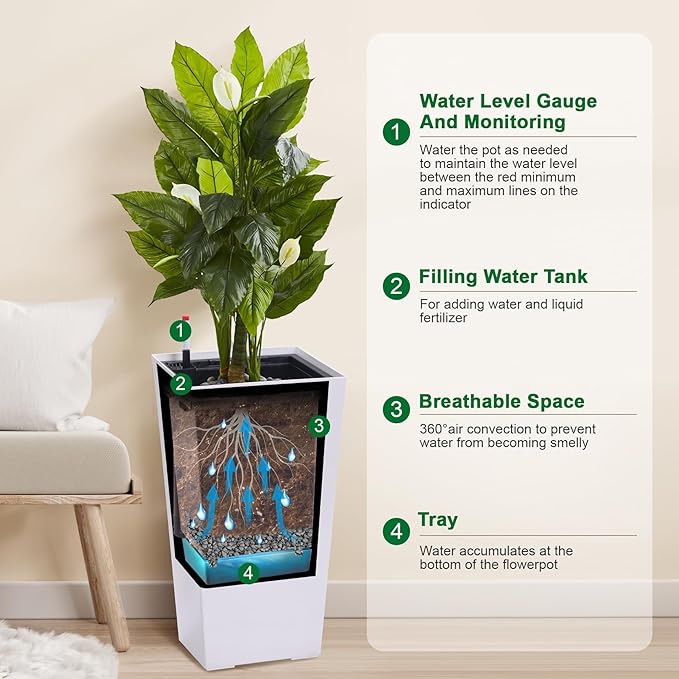 GarveeLife 22.5 in Tall Planters Set of 2, Outdoor&Indoor Black Planter Pots, High Front Porch Planter Pots with Drainage Holes&Water Level Monitor&Inner Bucket, Automatic Watering, White