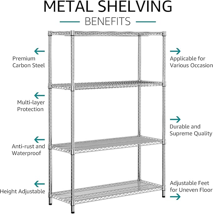 IZEUK 3400 LBS Garage Shelving Wide Storage Shelves 4 Tier Metal Shelves Heavy Duty Adjustable Utility Shelf Rack Chrome 17.7" D x 59.1" W x 70.4" H