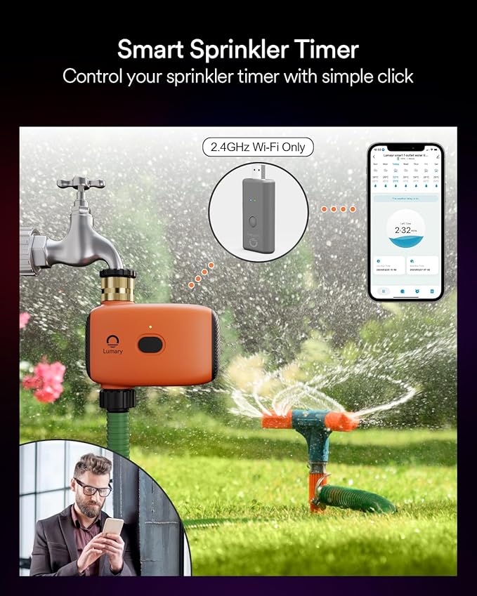 Lumary WiFi Water Timer for Garden Hose, Battery Sprinkler Timer for Watering Brass Inlet Outdoor, Rain Delay/Remote/Manual/Automatic Drip Irrigation System Programmable Faucet, Compatible with Alexa