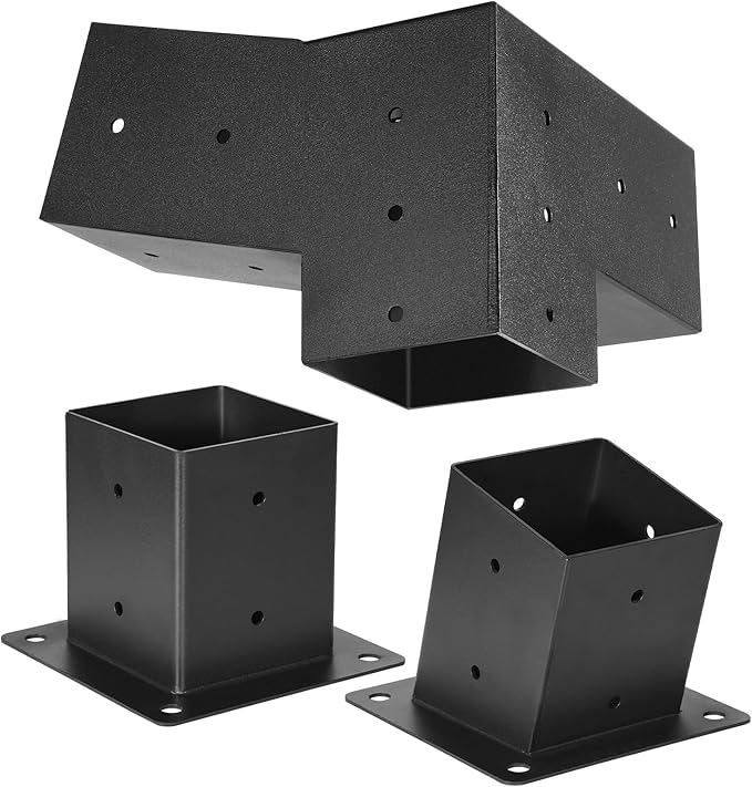 VEVOR Pergola Kit, 4x4 Inch 3-Way Slanted Brackets for 3.5x3.5 Inch Wood Beams in Actual Size, 2-Pack Pergola Brackets with 2 Post Bases and 2 Wall Mount Bases, for Outdoor Pergolas, Gazebos, Sheds