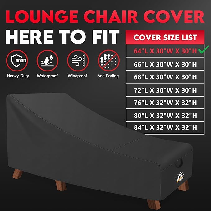 Outdoor Lounge Chair Cover - Waterproof Patio Chaise Lounge Chair Cover, 600D Heavy Duty Fade-Resistant Outdoor Seating Covers For Pool Lounge Chair, Lawn Bench Furniture 64 x 30 x 30 Inch