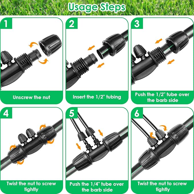 JAYEE Drip Irrigation Fittings, 12 Pcs Lock Barbed Four Way Connectors for 1/2 to 1/4 Inch Vinyl Tubing, Drip Line Parts 4-Way Tees Irrigation Connectors for Drip Sprinkler Garden Lawn Systems