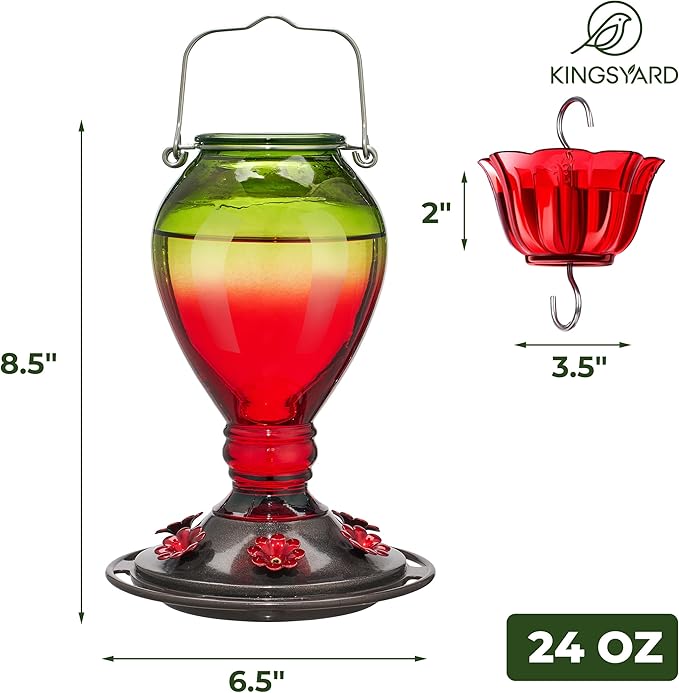 Kingsyard Glass Hummingbird Feeder - 6 Bee Guard Feeding Ports & Ant Moat, 24 oz Leak Proof, Wild Bird Feeder for Outdoors Hanging, Easy to Clean & Refill, Garden Yard Decor, Red & Green