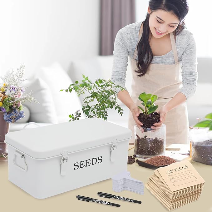Seed Storage Organizer, 4 Compartment Seed Storage Box with Safety Lock, Metal Seed Box Container with 2 Pens, 20 Plant Labels and 50 Seed Envelopes for Seed Packet & Small Garden Tool, White