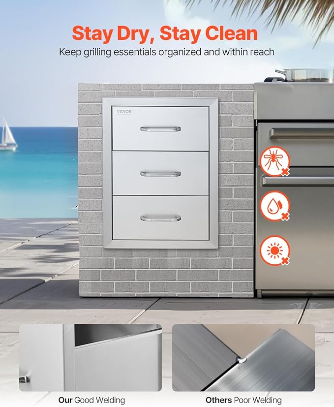 Mophorn Outdoor Kitchen Drawers 16" W x 21.5" H x 18" D, Flush Mount Triple Access BBQ Drawers with Stainless Steel Handle, BBQ Island Drawers for Outdoor Kitchens or BBQ Island Patio Grill Station