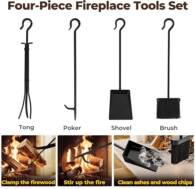 AMAGABELI GARDEN & HOME 31.6in Large Firewood Rack Fireplace Tools Set Wood Holder Indoor log Rack With Tools Tall for Wood Stove Firepit Campfire Storage Stacking Wrought Iron Accessories Outdoor