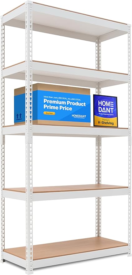 HOMEDANT 5 Tier White Storage Shelves Adjustable Laminated Boltless Garage Metal Shelving Unit Heavy Duty Utility Rack Shelf Warehouse Pantry Closet Kitchen 35.9" W x 16.2" D x 71.3" H White 1Pack