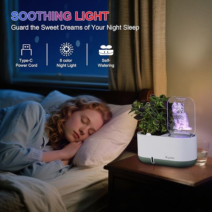 Self-Watering Plant Pot with LED Note Board & 7 Colors Pen Acrylic Message Board with Light Acrylic Dry Erase Board, Led Cat Board Night Light with Planting Pot for Room/Store/Office (No Plant&Seed)