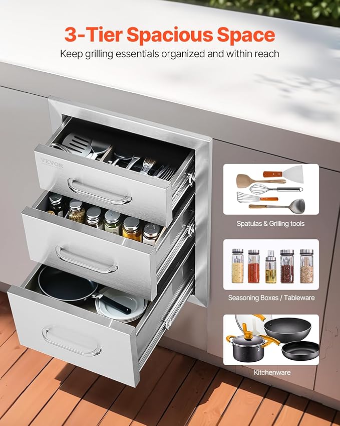 VEVOR 14x20.3 Inch Outdoor Kitchen Drawers Stainless Steel, Flush Mount Triple Drawer, 14W x 20.3H x 23D Inch, with Stainless Steel Handle, BBQ Drawers for Outdoor Kitchens or BBQ Island