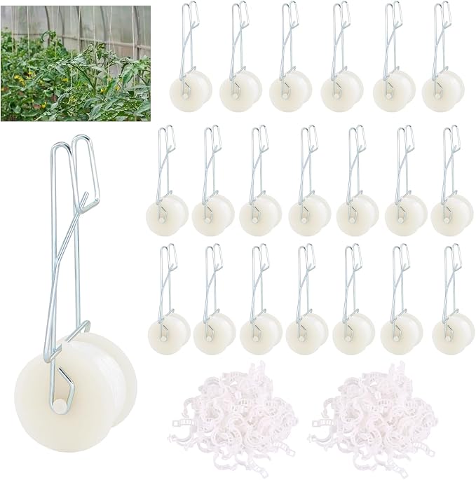 20PCS Tomato Roller Hooks with 49.21FT String and 200PCS Tomato Support Clips for Tomato,Plant, Greenhouse,Flower Vine Twine Crop Greenhouse Trellising Kit