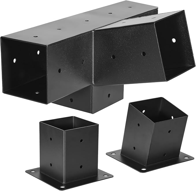 VEVOR Pergola Kit, 4x4 Inch 4-Way Slanted Bracket for 3.5x3.5 Inch Wood Beams in Actual Size, Carbon Steel Pergola Bracket with Post Base and Wall Mount Base, for Outdoor Pergolas, Gazebos, Sheds
