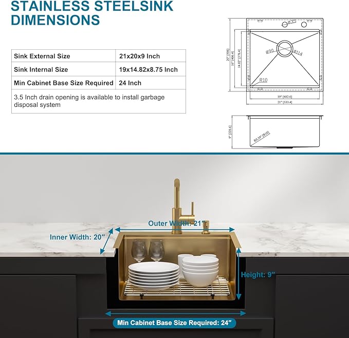 Gold Bar Sink Drop In Outdoor Kitchen Sink 21 Inch Workstation 16 Gauge Stainless Steel Single Bowl Outdoor Bar RV Sinks with Pull-out Faucet 21"x20"x9"