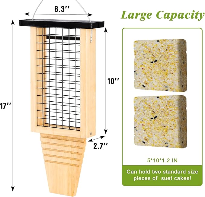 Wooden Suet Bird Feeder for Outside Hanging, Large Woodpecker Suet Feeder with Tail Prop, Hanging Bird Feeder for Wild Birds, 1 Pack, Black