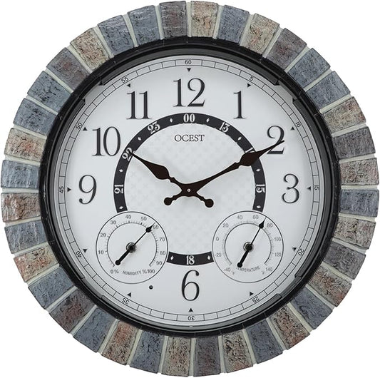 OCEST 18 Inch Large Outdoor Clock Waterproof Thermometer Hygrometer Combo Night Light Illuminated Wall Clocks Battery Operated Silent Non-Ticking Ideal Patio Clock for Garden Pool Porch Yard Garage