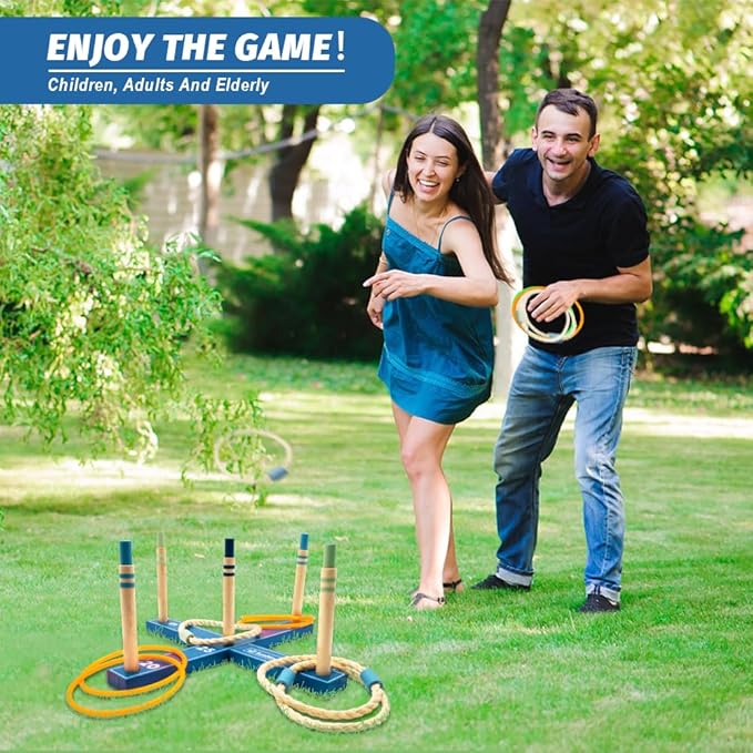 Wooden Ring Toss Game Set, Backyard Beach Camping Game with Toss Rings & Portable Carrying Bag, Outdoor Lawn & Yard Games for Kids, Adults & Family