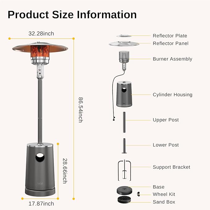 EAST OAK 50,000 BTU Patio Heater with Sand Box, Table Design, Double-Layer Stainless Steel Burner, Wheels, Triple Protection System, Outdoor Heater for Home and Residential, Lava Smoke