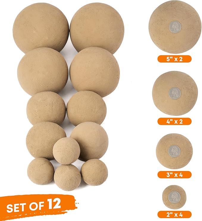 Stanbroil 12 Pack Ceramic Fire Balls, Mixed 4 Sizes Fireplace Balls, Modern Accessory for Fire Pit, Fire Bowl, and Fireplace, Beige
