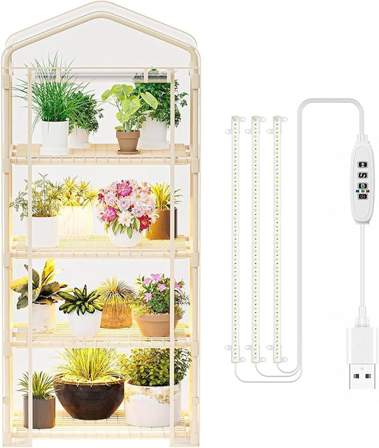 Indoor Greenhouse with Grow Lights - 4 Tiers 27.6"L×19.3"W×61.4"H Outdoor Mini Green House with Zip PVC Cover and Dimmable 45W Full Spectrum Plant Light with Timer for Seed Starting Trays