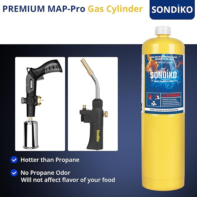 Sondiko Propane Torch with Pre-Filled Cylinder, Powerful Propane Torch Head L8010, Sous Vide, Adjustable Campfire Starter with Standard Propane Fuel Cylinder for Searing Steak, BBQ, Welding