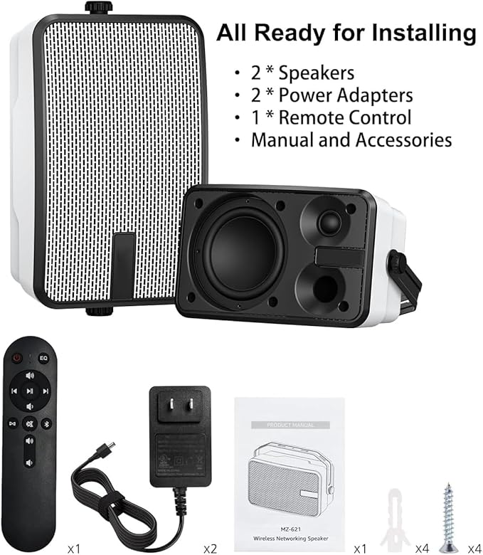 400W Outdoor Bluetooth Speakers, Wireless Sync Between Speakers, IPX5 Waterproof, Powerful Bass, Wall Mount for Patio, Porch, Gazebo, Garage, 2-Pack, White(MZ-621)